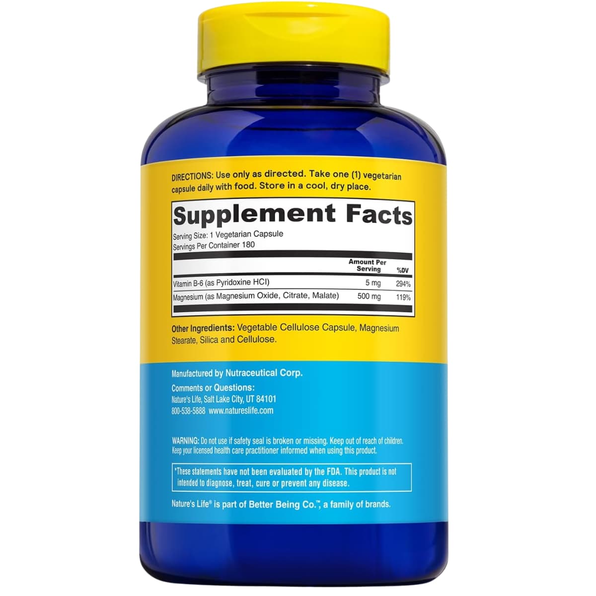 Información del suplemento Nature's Life Renewing Magnesio 500 mg, variante de 180 cápsulas