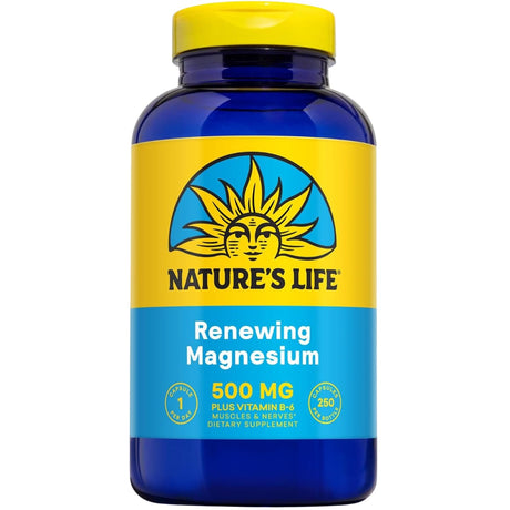 Frasco frontal de Nature's Life Renewing Magnesio 500 mg con vitamina B6, 250 cápsulas