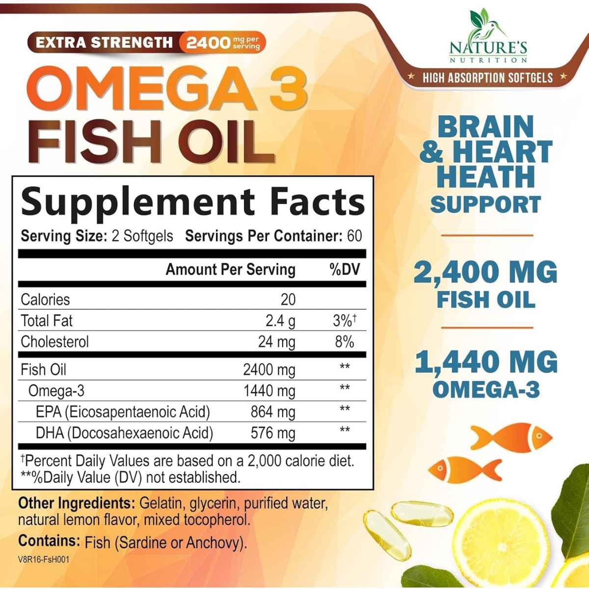 Tabla nutricional del suplemento Nature's Nutrition Aceite de Pescado Omega 3 Sabor Limón 1440 mg Omega-3 120 cápsulas blandas