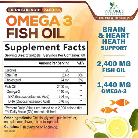 Tabla nutricional del suplemento Nature's Nutrition Aceite de Pescado Omega 3 Sabor Limón 1440 mg Omega-3 120 cápsulas blandas