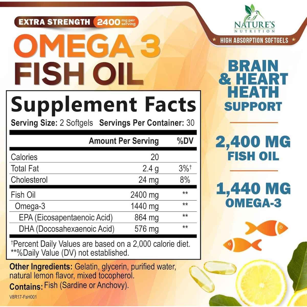 Tabla nutricional del suplemento Nature's Nutrition Aceite de Pescado Omega 3 Sabor Limón 1440 mg Omega-3 60 cápsulas blandas