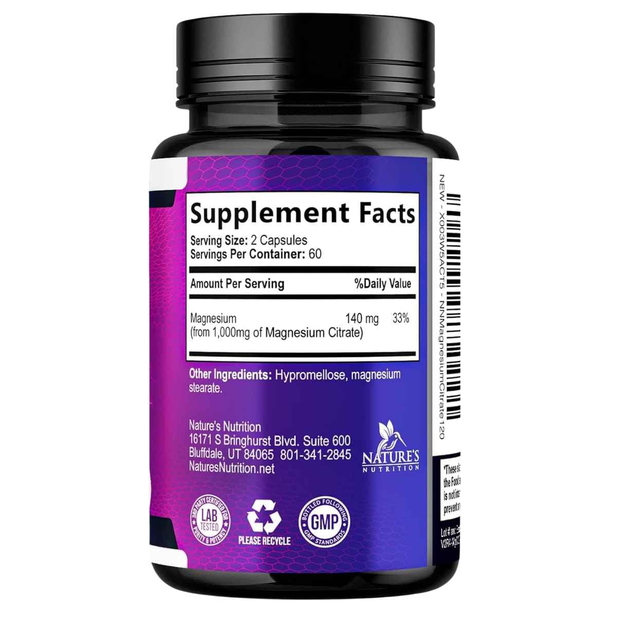 Tabla nutricional del citrato de magnesio Nature’s Nutrition con 140 mg de magnesio por porción