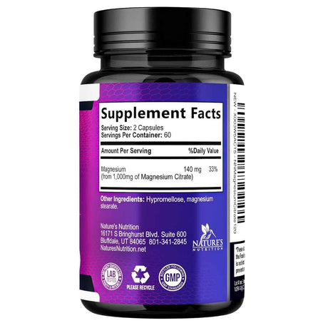Tabla nutricional del citrato de magnesio Nature’s Nutrition con 140 mg de magnesio por porción