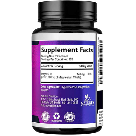 Tabla nutricional del citrato de magnesio Nature’s Nutrition con 140 mg de magnesio por porción