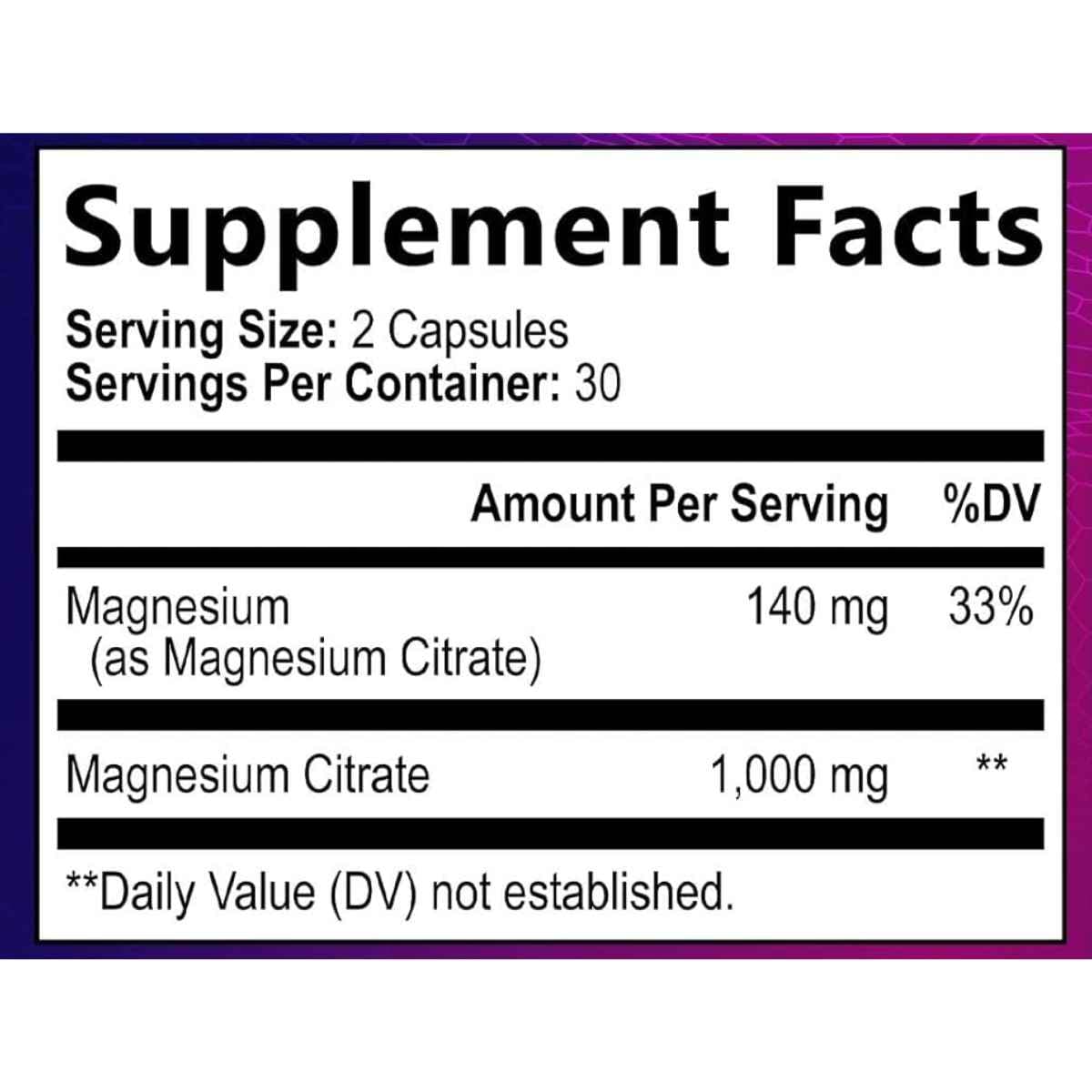 Tabla nutricional del citrato de magnesio Nature’s Nutrition con 1000 mg de magnesio por porcion