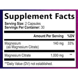 Tabla nutricional del citrato de magnesio Nature’s Nutrition con 1000 mg de magnesio por porcion