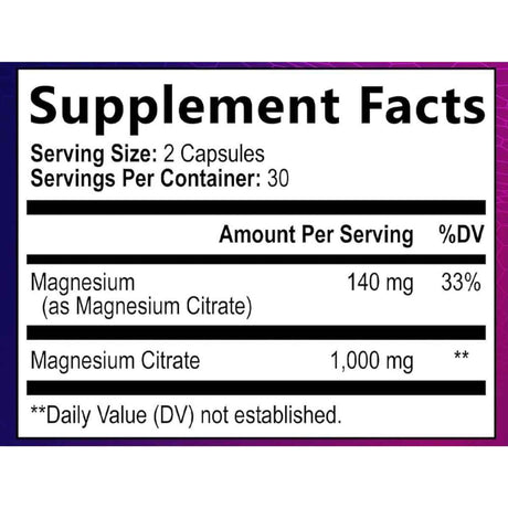 Tabla nutricional del citrato de magnesio Nature’s Nutrition con 1000 mg de magnesio por porcion