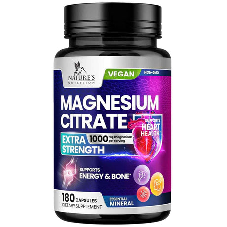 Frasco de citrato de magnesio Nature’s Nutrition Extra Strength con 180 cápsulas