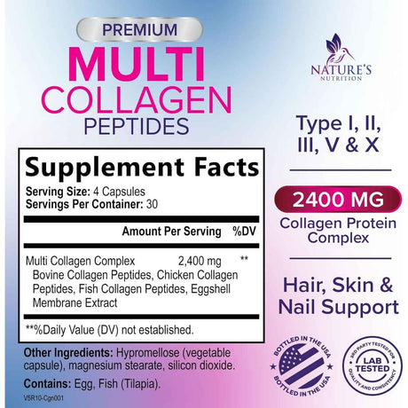 Tabla nutricional del suplemento Nature's Nutrition Complejo Multi Colágeno Péptidos Tipo I, II, III, V & X (2,400 mg) 120 cápsulas