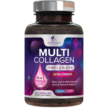 Frasco de suplemento Nature's Nutrition Complejo Multi Colágeno Péptidos Tipo I, II, III, V & X (2,400 mg) 120 cápsulas