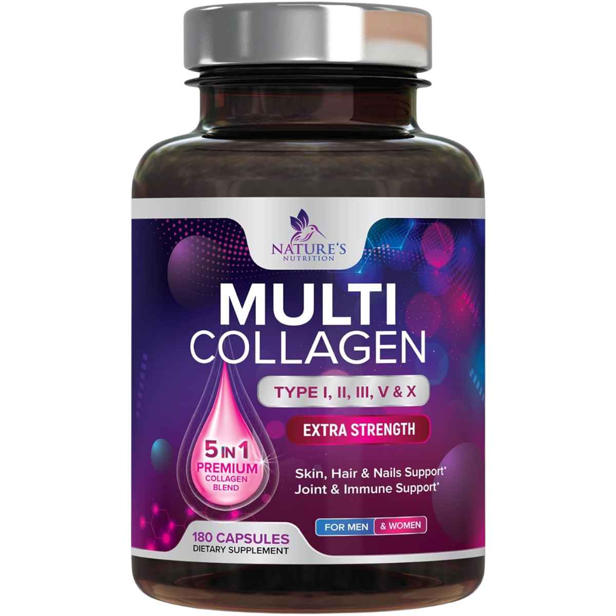 Frasco de suplemento Nature's Nutrition Complejo Multi Colágeno Péptidos Tipo I, II, III, V & X (2,400 mg) 180 cápsulas