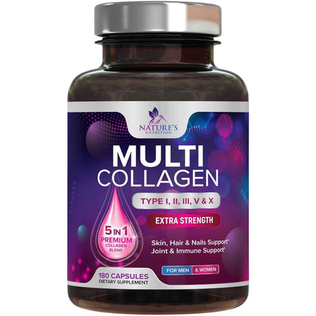 Frasco de suplemento Nature's Nutrition Complejo Multi Colágeno Péptidos Tipo I, II, III, V & X (2,400 mg) 180 cápsulas