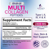 Tabla nutricional del suplemento Nature's Nutrition Complejo Multi Colágeno Péptidos Tipo I, II, III, V & X (2,400 mg) 240 cápsulas