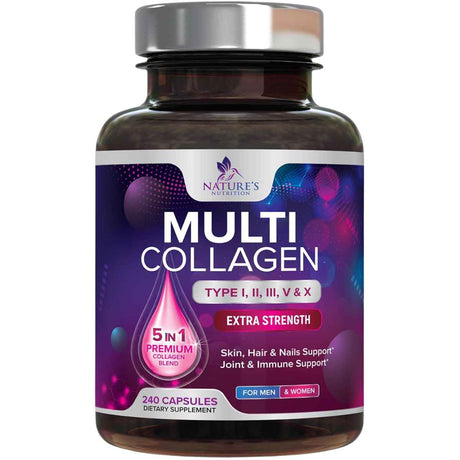 Frasco de suplemento Nature's Nutrition Complejo Multi Colágeno Péptidos Tipo I, II, III, V & X (2,400 mg) 240 cápsulas