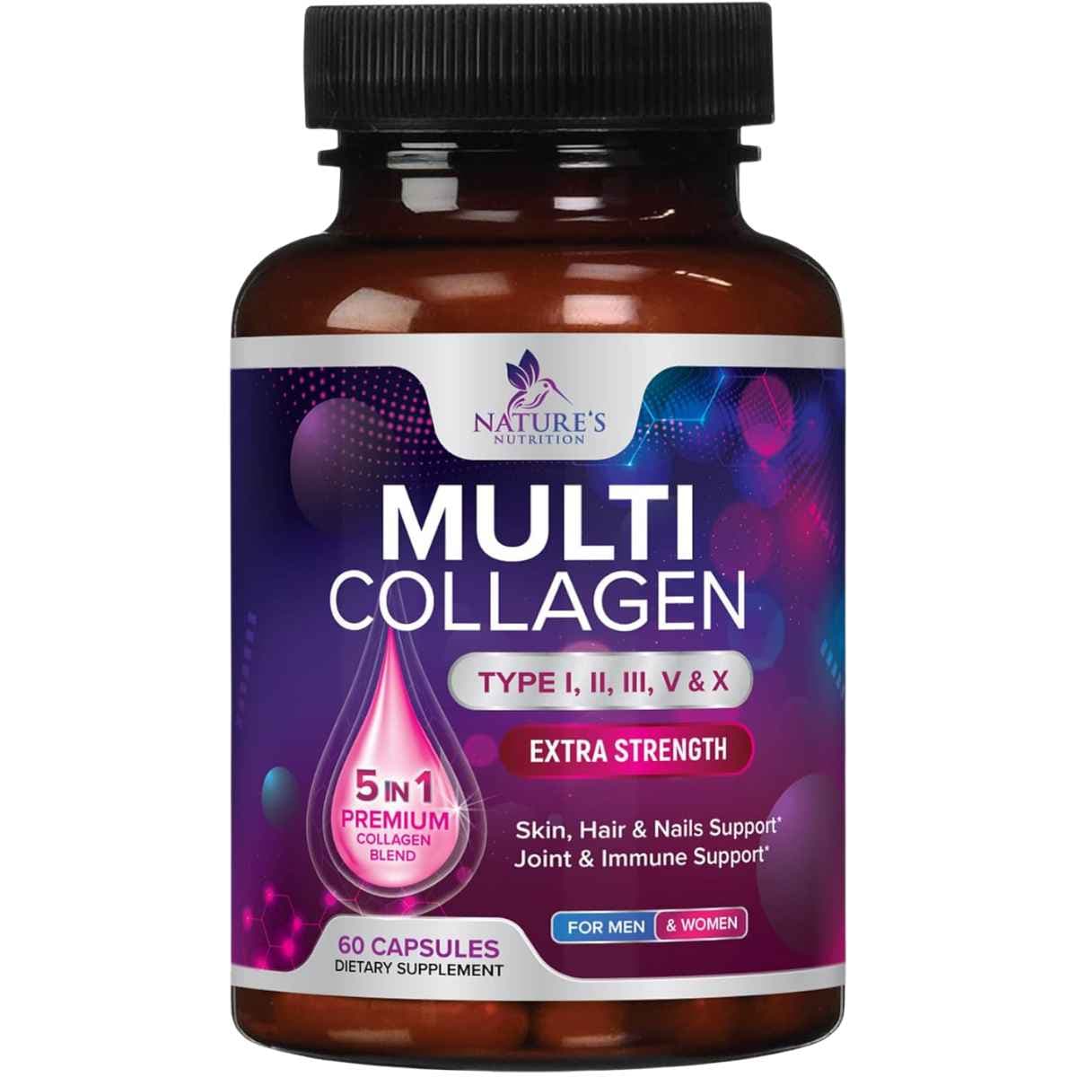 Frasco de suplemento Nature's Nutrition Complejo Multi Colágeno Péptidos Tipo I, II, III, V & X (2,400 mg) 60 cápsulas