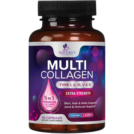 Frasco de suplemento Nature's Nutrition Complejo Multi Colágeno Péptidos Tipo I, II, III, V & X (2,400 mg) 60 cápsulas