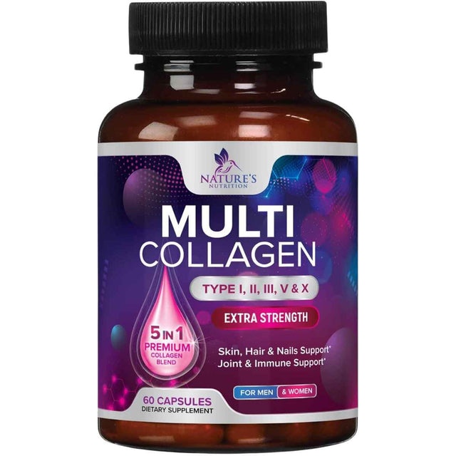 Frasco de suplemento Nature's Nutrition Complejo Multi Colágeno Péptidos Tipo I, II, III, V & X (2,400 mg) 60 cápsulas