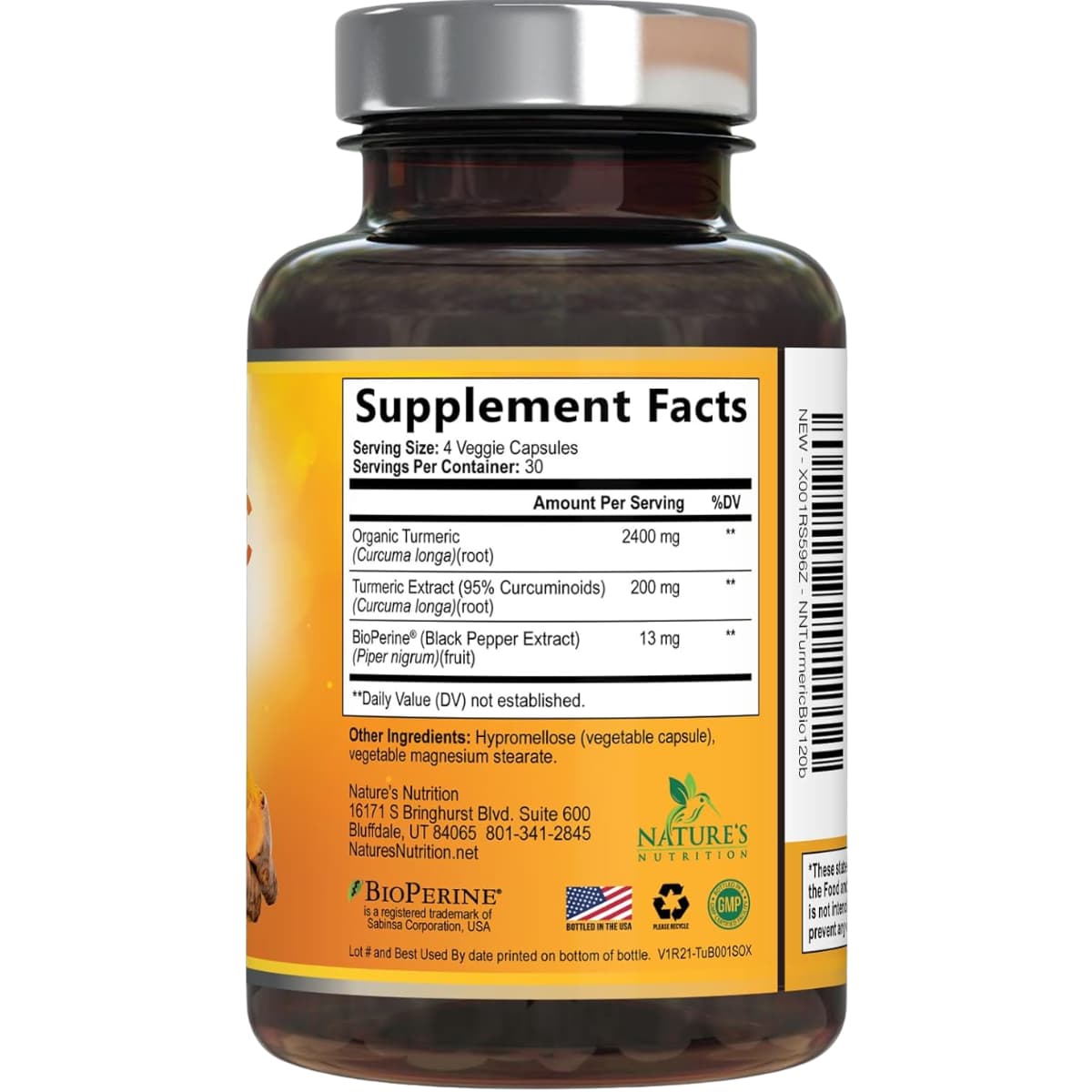 Etiqueta del frasco Nature’s Nutrition cúrcuma y curcumina 2600 mg, 120 cápsulas vegetales
