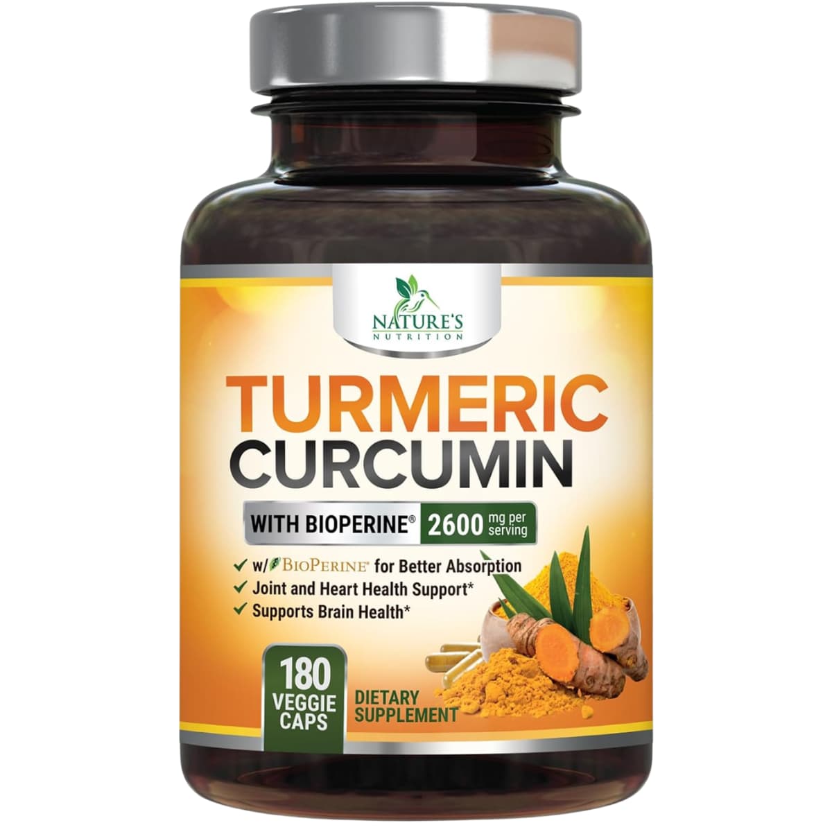 Frasco de Nature’s Nutrition cúrcuma y curcumina 2600 mg con pimienta negra, 180 cápsulas vegetales
