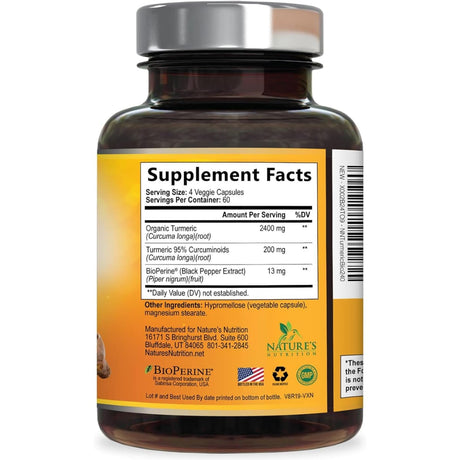 Etiqueta del frasco Nature’s Nutrition cúrcuma y curcumina 2600 mg, 240 cápsulas vegetales