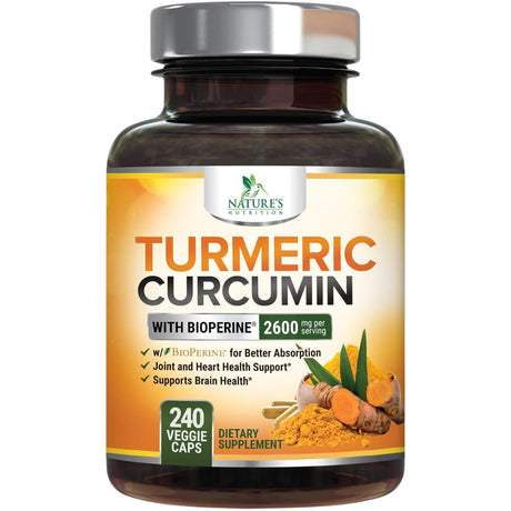 Frasco de Nature’s Nutrition cúrcuma y curcumina 2600 mg con pimienta negra, 240 cápsulas vegetales