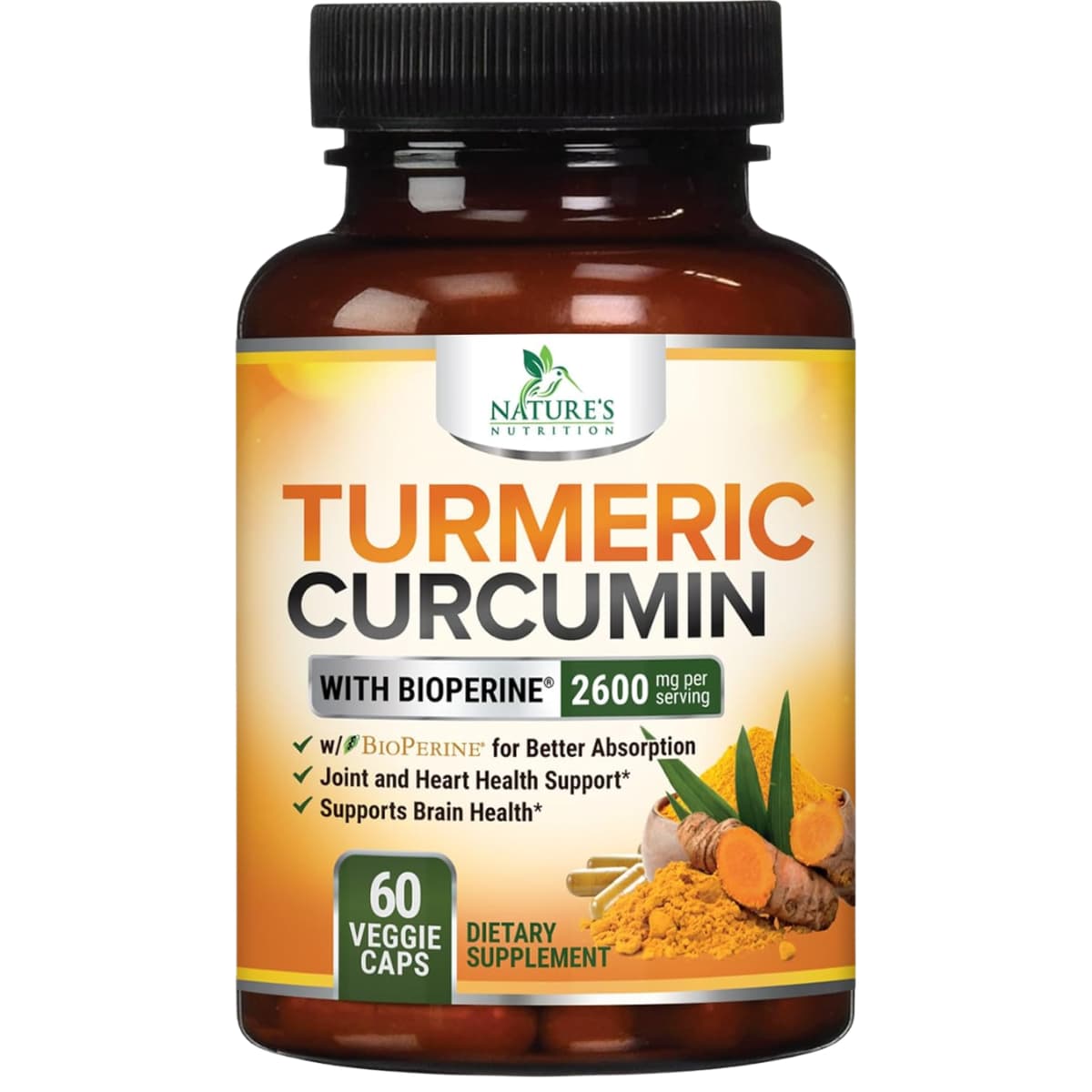 Frasco de Nature’s Nutrition cúrcuma y curcumina 2600 mg con pimienta negra, 60 cápsulas vegetales