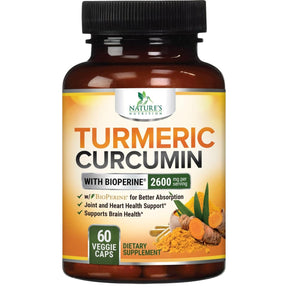 Frasco de Nature’s Nutrition cúrcuma y curcumina 2600 mg con pimienta negra, 60 cápsulas vegetales