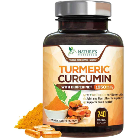 Frasco de suplemento Nature's Nutrition Cúrcuma y Curcumina con Bioperina 240 cápsulas