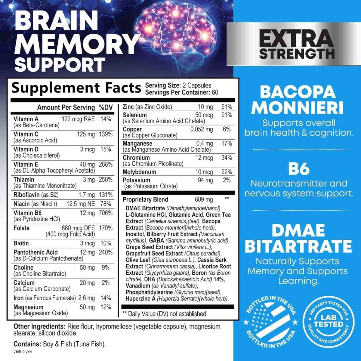 Tabla nutricional del suplemento Nature's Nutrition Nootrópico Bacopa/DMAE 120 cápsulas