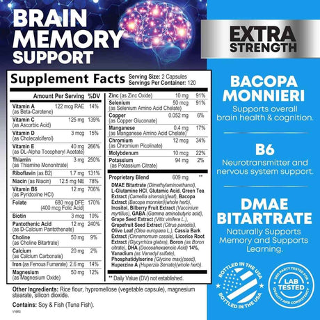 Tabla nutricional del suplemento Nature's Nutrition Nootrópico Bacopa/DMAE 240 cápsulas