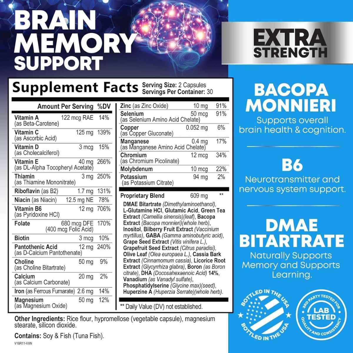 Tabla nutricional del suplemento Nature's Nutrition Nootrópico Bacopa/DMAE 60 cápsulas