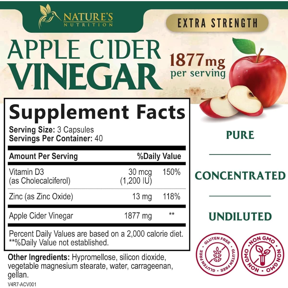 Tabla nutricional del suplemento Nature's Nutrition Vinagre de Sidra de Manzana 1877 mg 120 cápsulas
