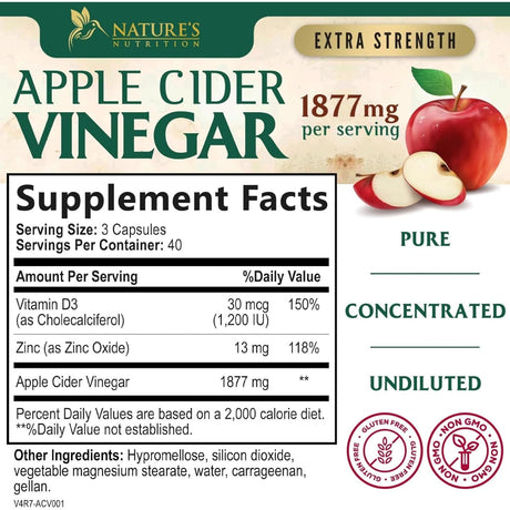 Tabla nutricional del suplemento Nature's Nutrition Vinagre de Sidra de Manzana 1877 mg 120 cápsulas