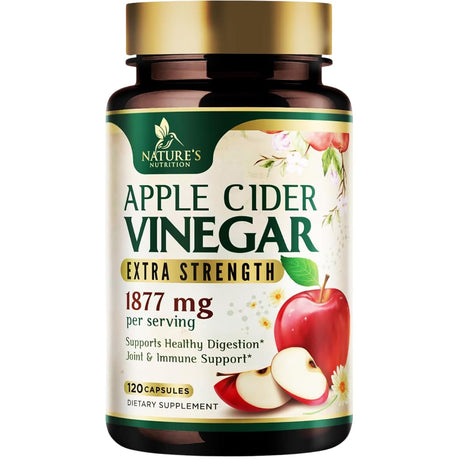 Frasco de suplemento Nature's Nutrition Vinagre de Sidra de Manzana 1877 mg 120 cápsulas
