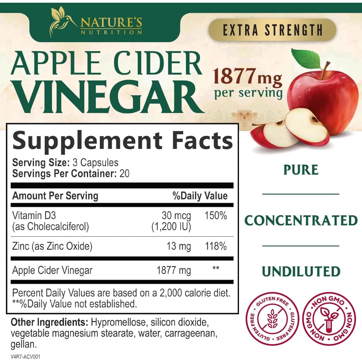 Tabla nutricional del suplemento Nature's Nutrition Vinagre de Sidra de Manzana 1877 mg 60 cápsulas