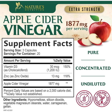 Tabla nutricional del suplemento Nature's Nutrition Vinagre de Sidra de Manzana 1877 mg 60 cápsulas