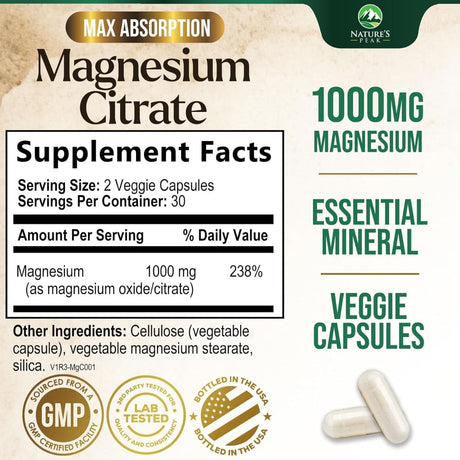 Tabla nutricional del suplemento Nature's Peak Citrato de Magnesio 1000 mg (60 cápsulas)