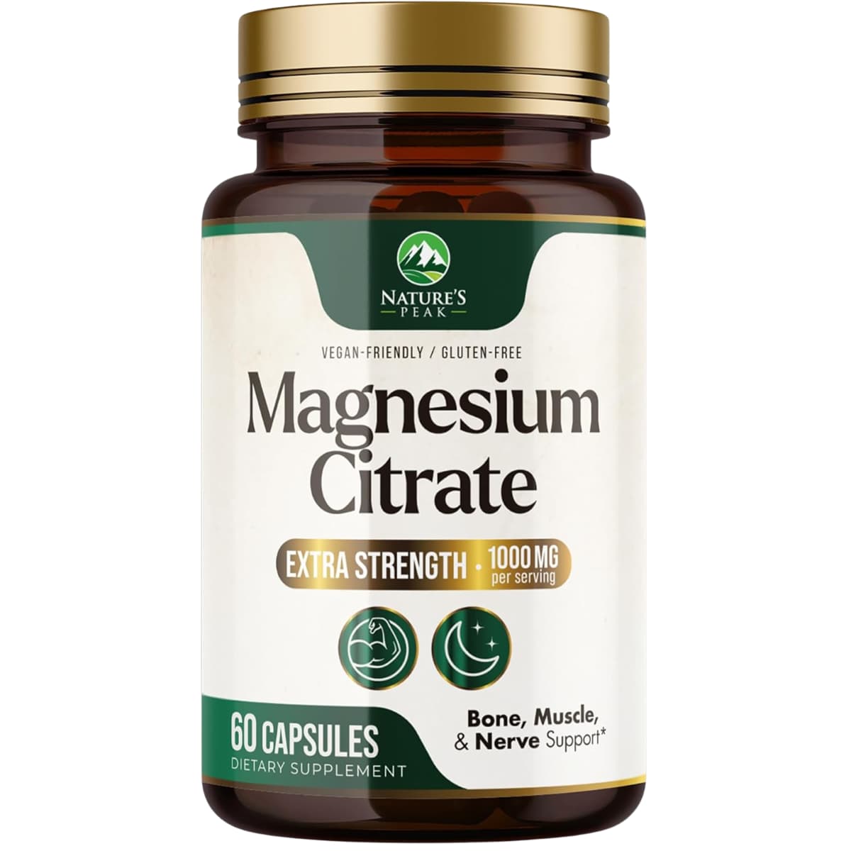 Frasco de suplemento Nature's Peak Citrato de Magnesio 1000 mg de 60 cápsulas vegetales