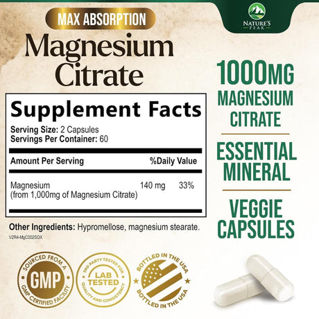 Tabla nutricional del suplemento Nature's Peak Citrato de Magnesio 1000 mg 120 cápsulas vegetales