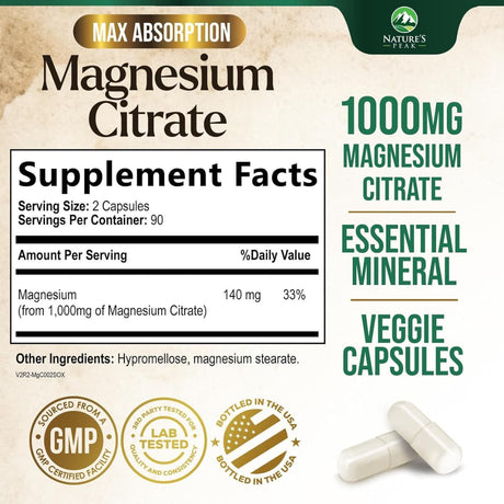 Tabla nutricional del suplemento Nature's Peak Citrato de Magnesio 1000 mg 180 cápsulas vegetales