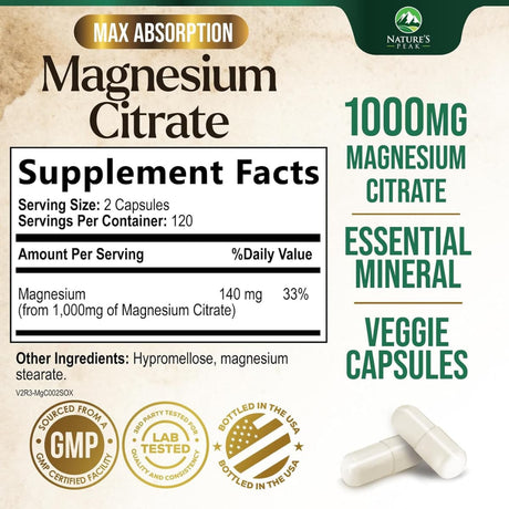Tabla nutricional del suplemento Nature's Peak Citrato de Magnesio 1000 mg 240 cápsulas vegetales