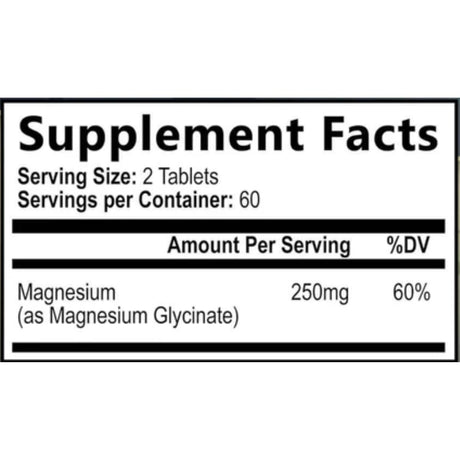 Etiqueta de información suplementaria de glicinato de magnesio Nature’s Peak de 120 tabletas