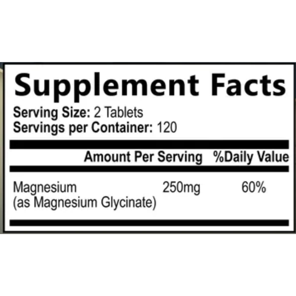 Etiqueta de información suplementaria de glicinato de magnesio Nature’s Peak de 240 tabletas