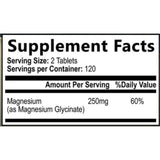 Etiqueta de información suplementaria de glicinato de magnesio Nature’s Peak de 240 tabletas