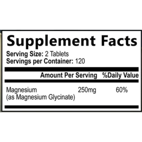 Etiqueta de información suplementaria de glicinato de magnesio Nature’s Peak de 240 tabletas