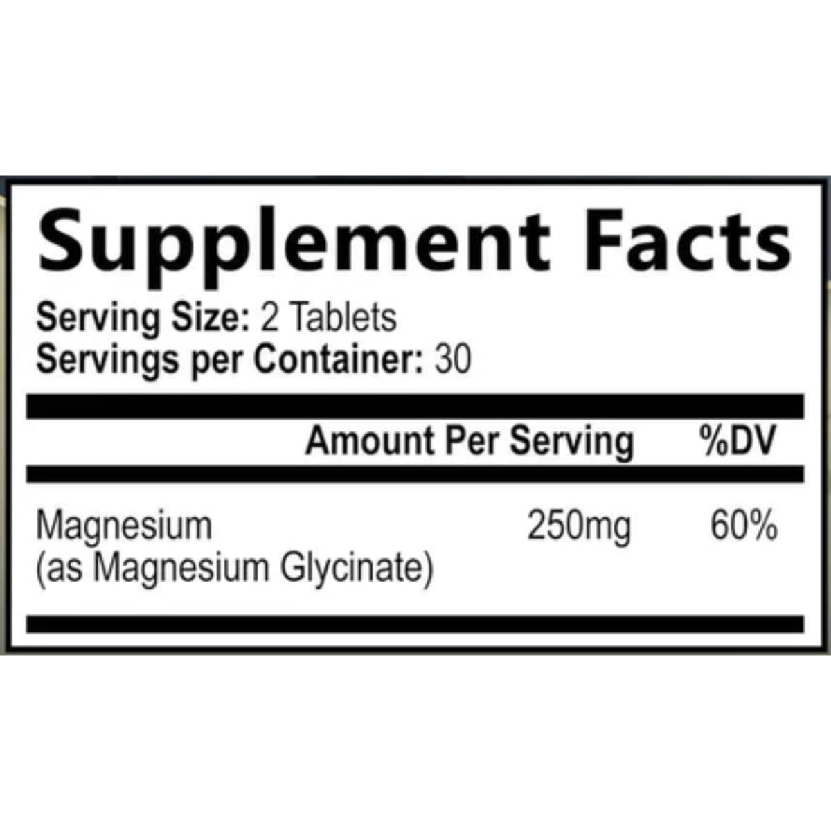 Etiqueta de información suplementaria de glicinato de magnesio Nature’s Peak de 60 tabletas