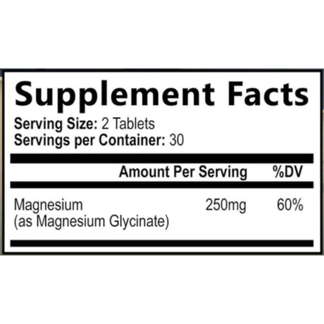 Etiqueta de información suplementaria de glicinato de magnesio Nature’s Peak de 60 tabletas