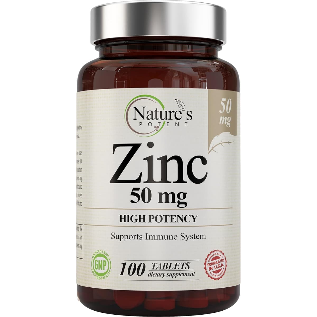 Frasco de Nature’s Potent Zinc 50 mg en presentación de 100 tabletas