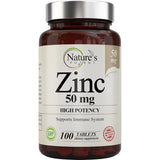 Frasco de Nature’s Potent Zinc 50 mg en presentación de 100 tabletas