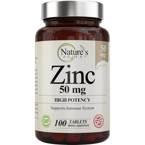 Frasco de Nature’s Potent Zinc 50 mg en presentación de 100 tabletas